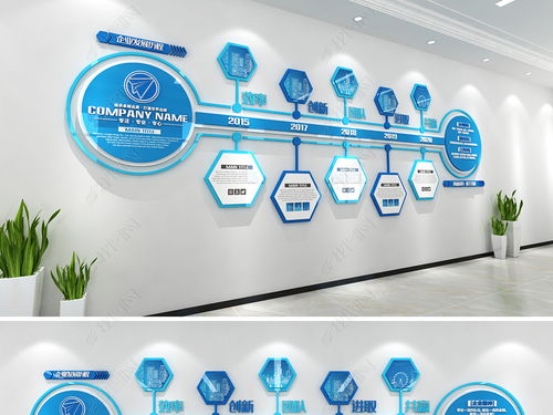 蓝色科技感企业历程文化墙设计方案